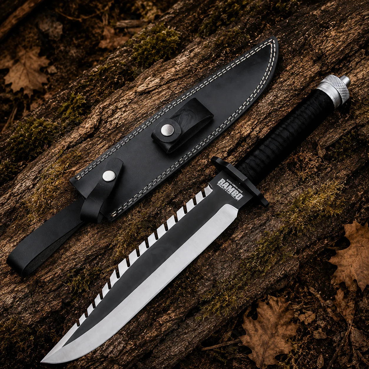 Rambo Part II knife replica and black stitched leather sheath displayed together on woodland bark