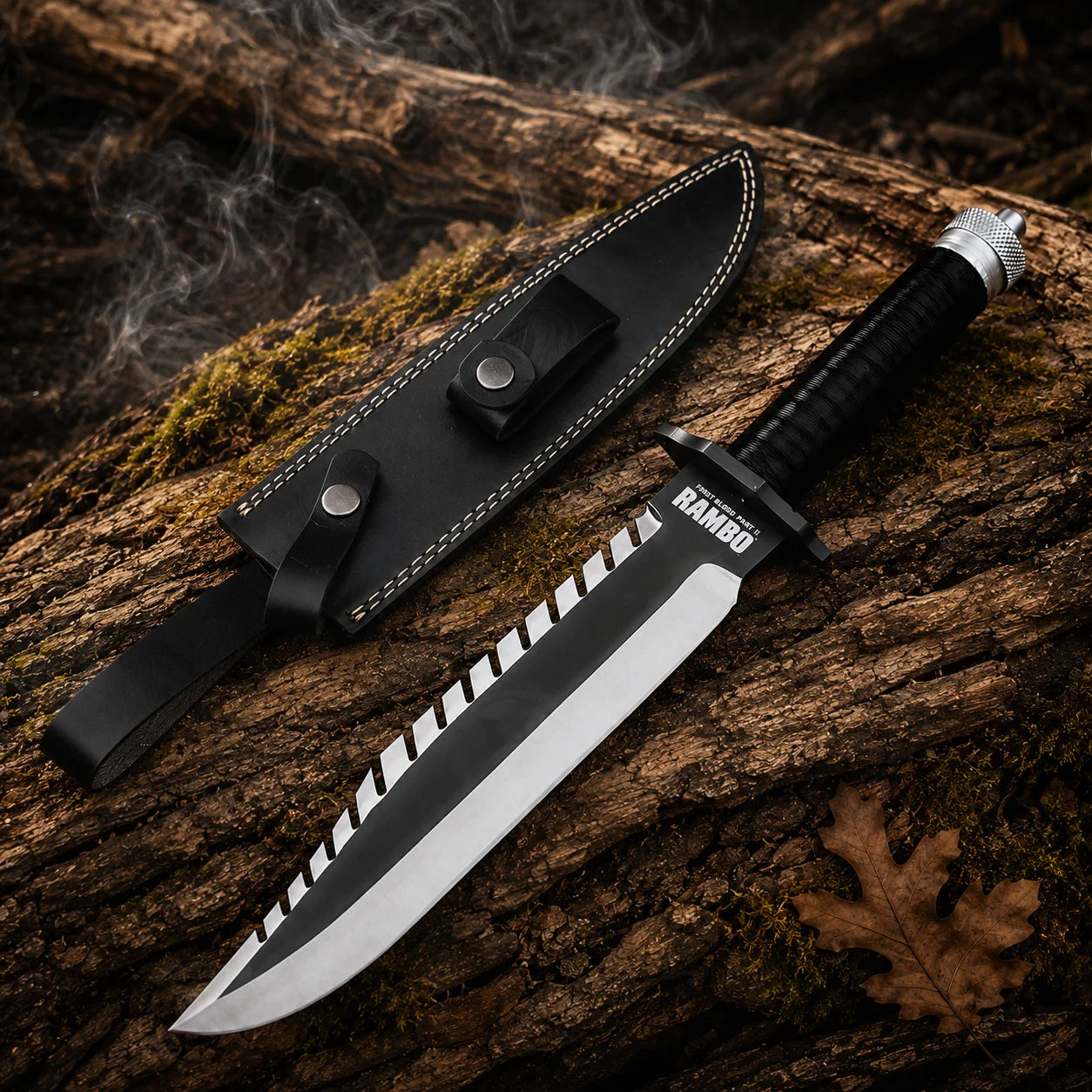 Rambo First Blood Part II collectible knife with black leather sheath arranged on moss-covered woodland logs
