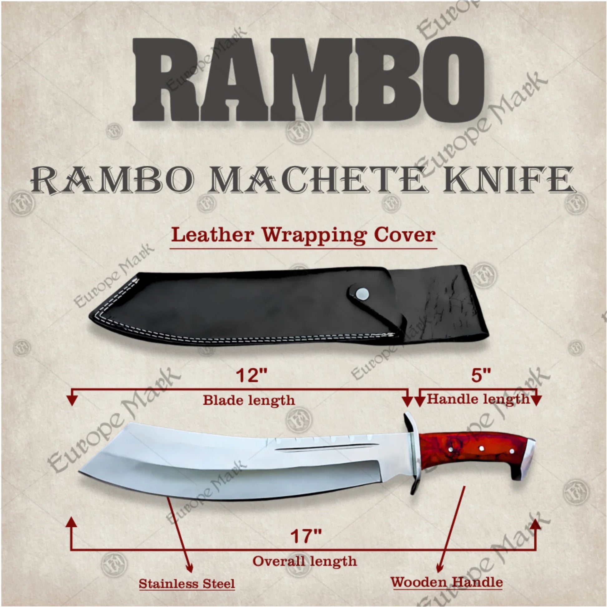 Premium Rambo Survival Machete Cosplay Replica with Walnut Stand