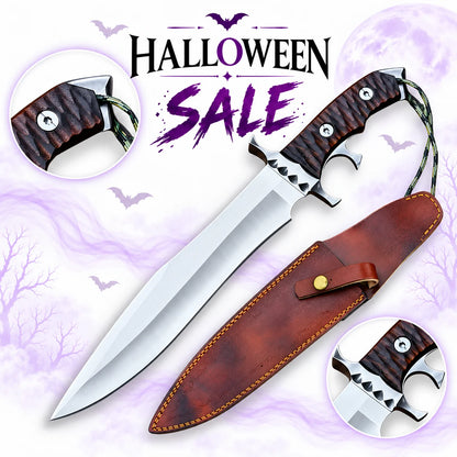 Rambo V Last Blood Heartstopper Knife replica with wide silver blade, textured dark wooden grip, finger-ring guard and brown leather sheath in Halloween sale.