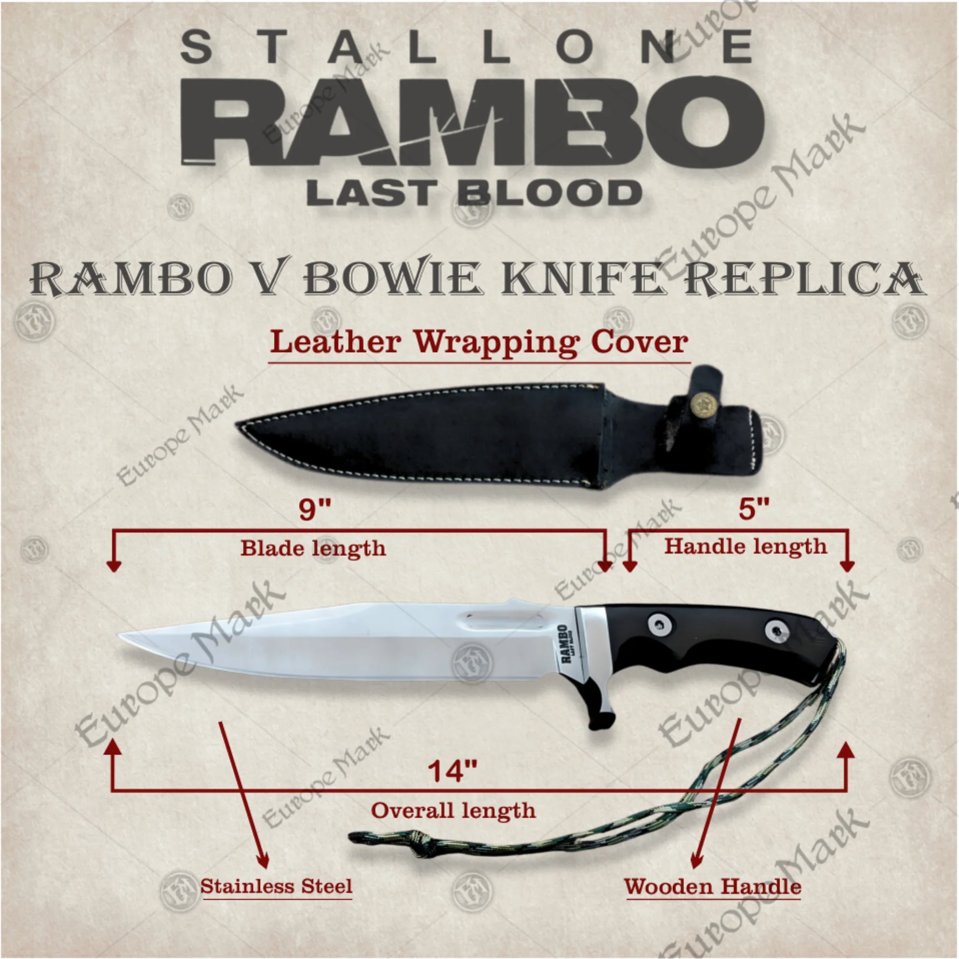 Premium Rambo Last Blood Bowie Knife Replica with 440c stainless steel.