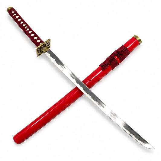 Renji Abarai Zabimaru katana crossed over red scabbard, showing polished steel blade, crimson handle and gold guard