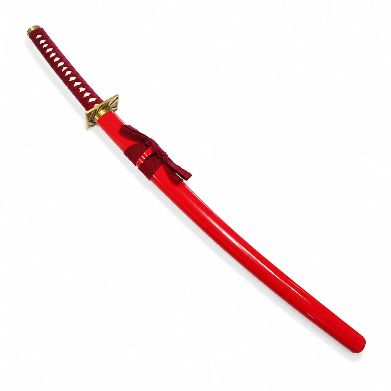 Fully sheathed Zabimaru display sword with glossy red scabbard, burgundy cord, crimson wrapped handle and gold fittings