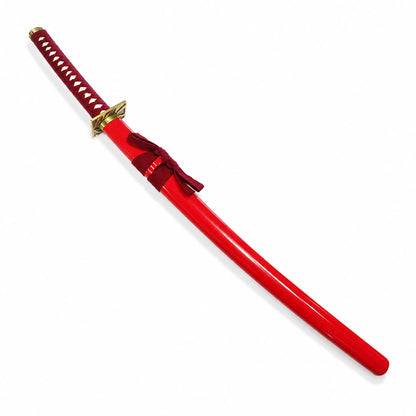 Fully sheathed Zabimaru display sword with glossy red scabbard, burgundy cord, crimson wrapped handle and gold fittings