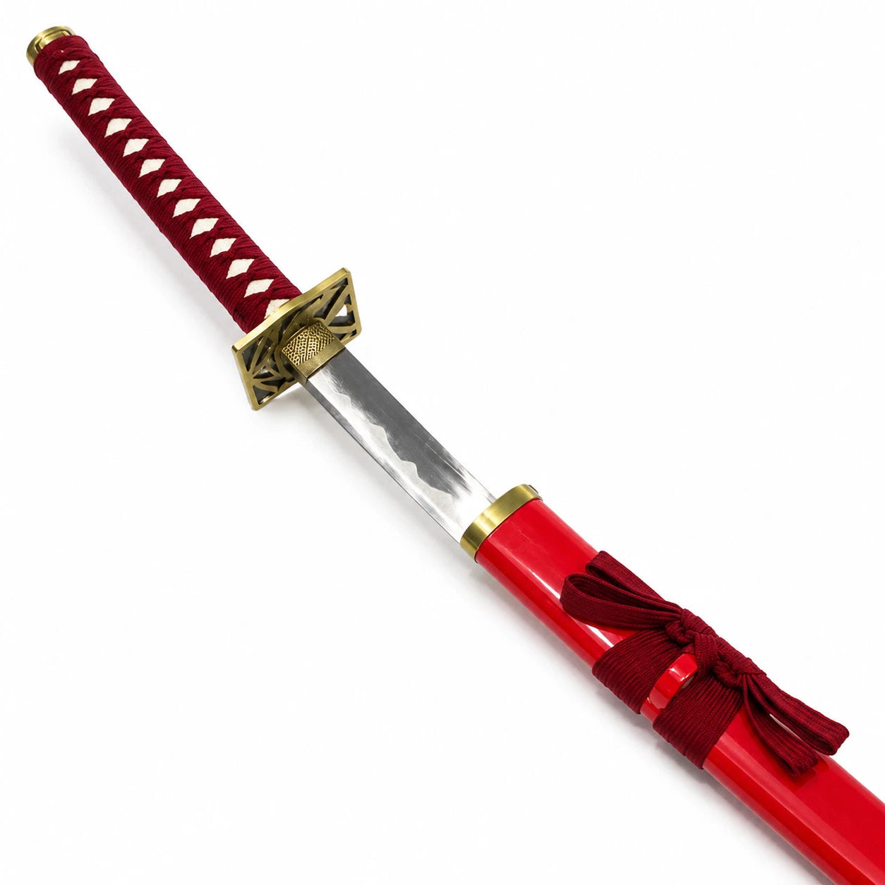 Close-up of Zabimaru katana showing crimson wrapped grip, white diamond details, geometric bronze guard and steel blade