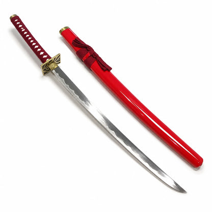 Full Renji Abarai Zabimaru katana beside red scabbard, highlighting curved steel blade and burgundy handle wrapping