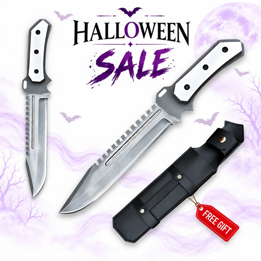 Resident Evil 5 Albert Wesker S.T.A.R.S. knife replica with white grip, silver sawback blade, decorative cutouts and black sheath in Europe Mark's Halloween sale.