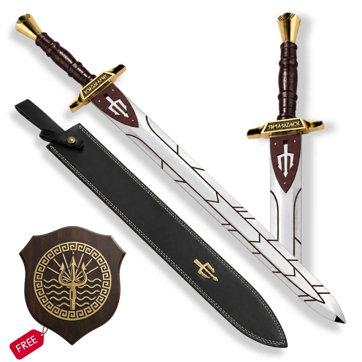 Riptide Anaklusmos Percy Jackson sword replica with engraved silver blade, black stitched sheath and free Greek trident wall plaque
