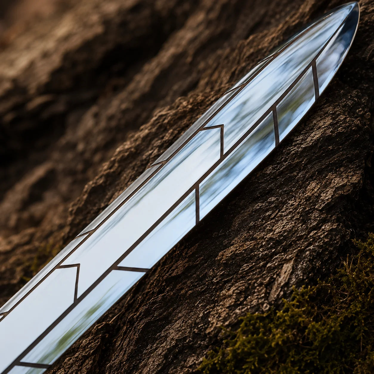 Close-up of the Riptide Anaklusmos blade showing polished silver finish and dark geometric Greek-inspired engraving
