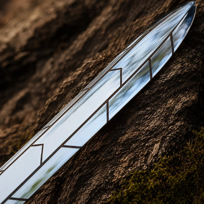 Close-up of the Riptide Anaklusmos blade showing polished silver finish and dark geometric Greek-inspired engraving
