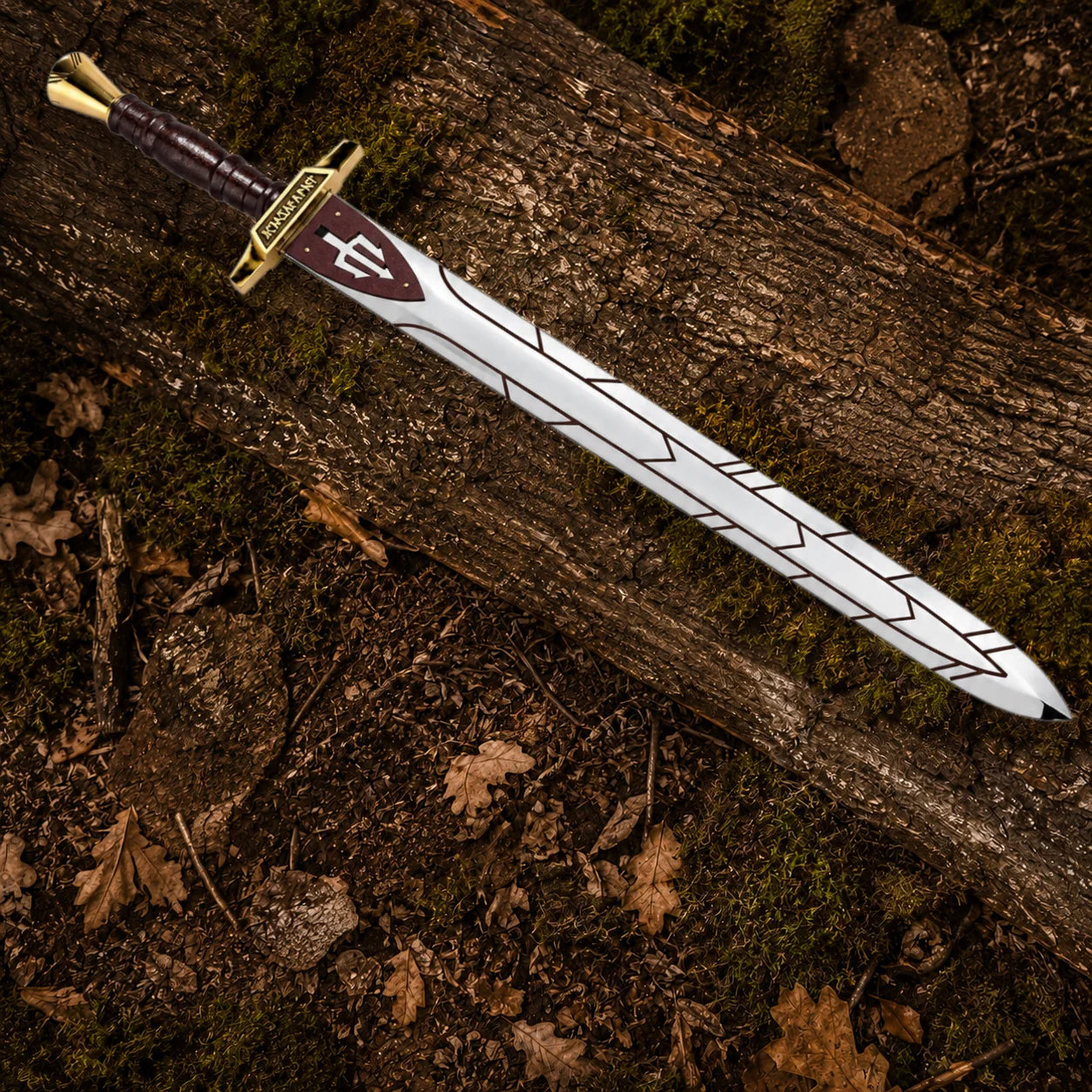 Full-length Riptide Anaklusmos sword featuring a polished silver blade with geometric Greek-inspired patterns and gold fittings