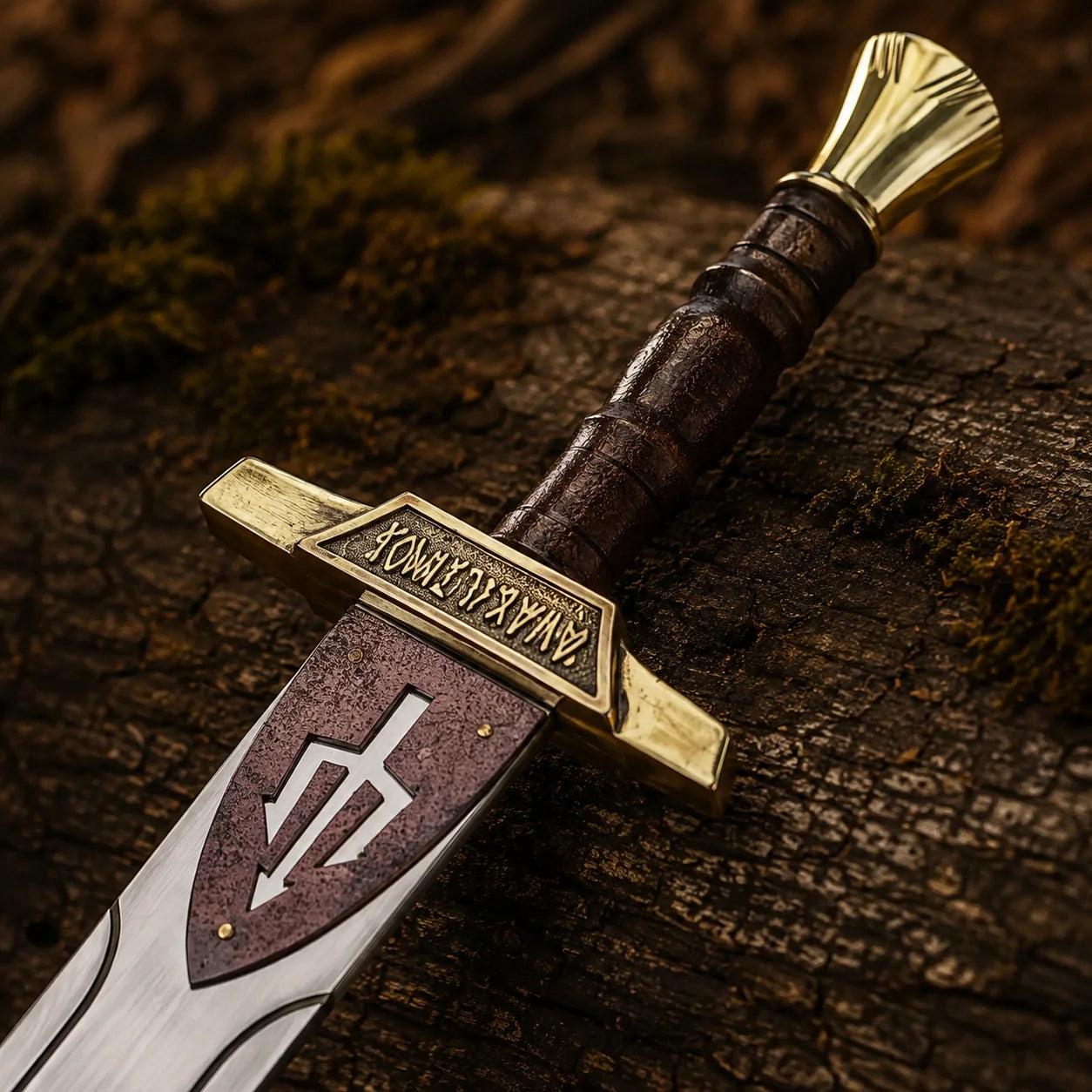 Close-up of the Riptide sword handle showing brown wrapped grip, gold pommel, engraved guard and decorative blade emblem