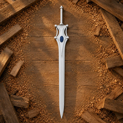 Front view of She-Ra Sword replica showing symmetrical silver guard, blue centre jewel and long tapered blade