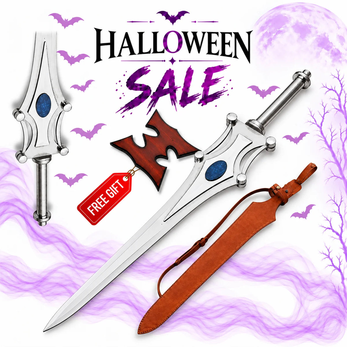 She-Ra Sword of Protection replica with silver blade, ornate blue gemstone guard, brown sheath and free decorative display plaque in Europe Mark's Halloween sale.