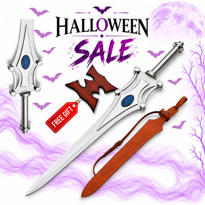 She-Ra Sword of Protection replica with silver blade, ornate blue gemstone guard, brown sheath and free decorative display plaque in Europe Mark's Halloween sale.