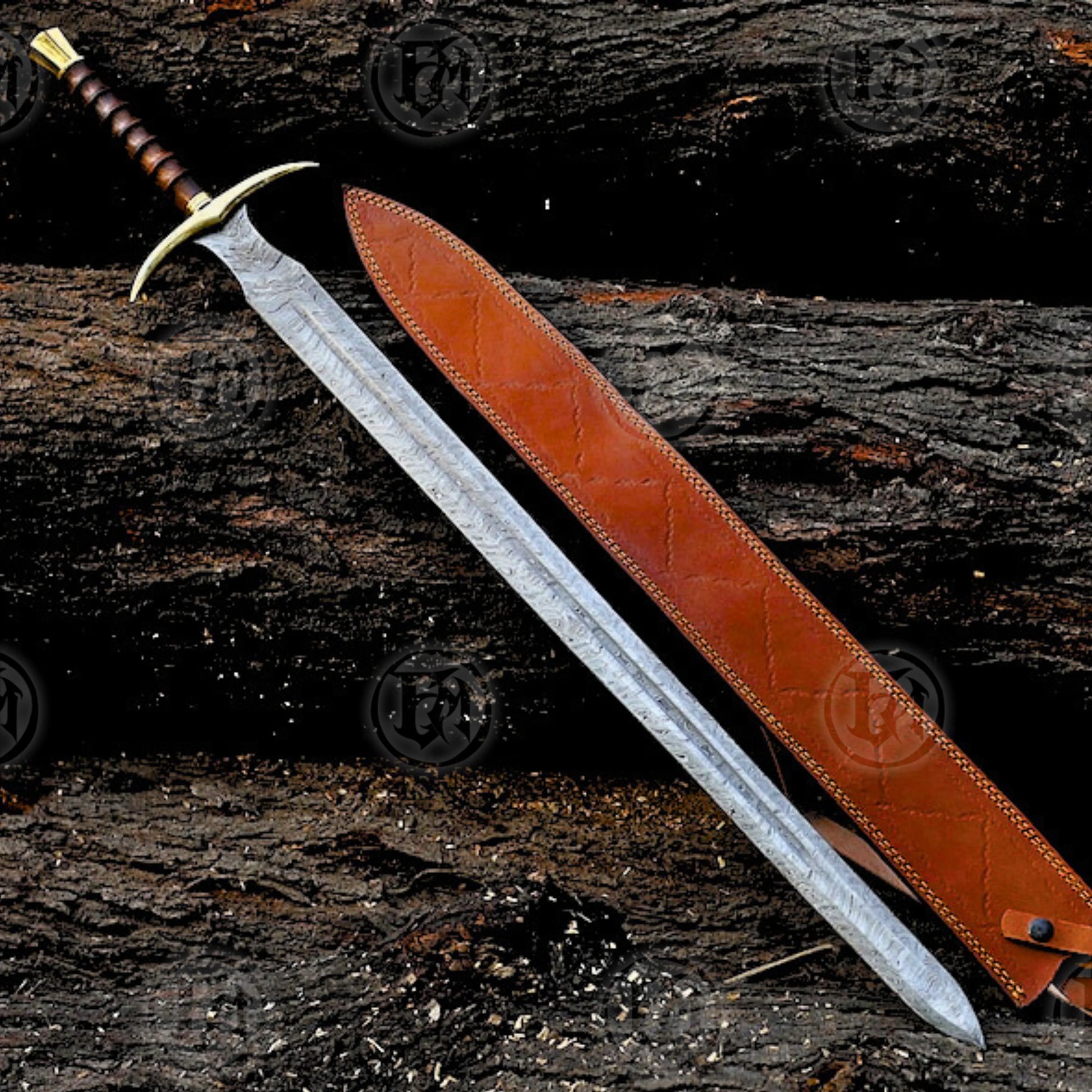 Premium Sinni Damascus Viking Sword Replica with Ash Wood Plaque