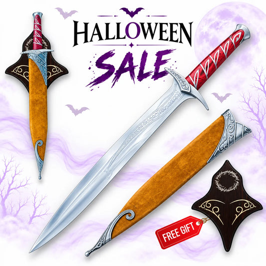 The Hobbit Sting Sword replica Halloween promotional artwork showing an engraved silver fantasy blade, red wrapped handle, gold-coloured sheath and wooden plaque.
