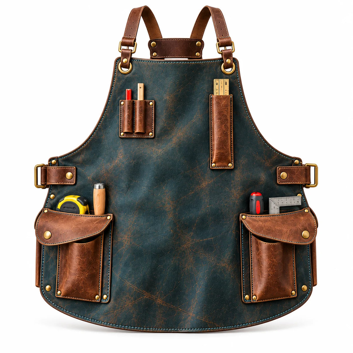 Front view of Studio Wing slate teal cowhide leather apron showing antique-brown flap tool pockets, pencil holders and brass-tone hardware.