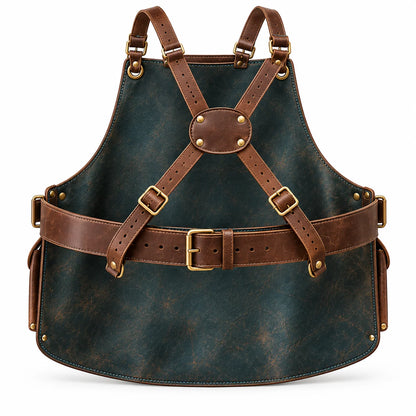Rear view of slate teal leather woodworking apron showing adjustable brown cross-back straps, central oval connector and waist buckle.