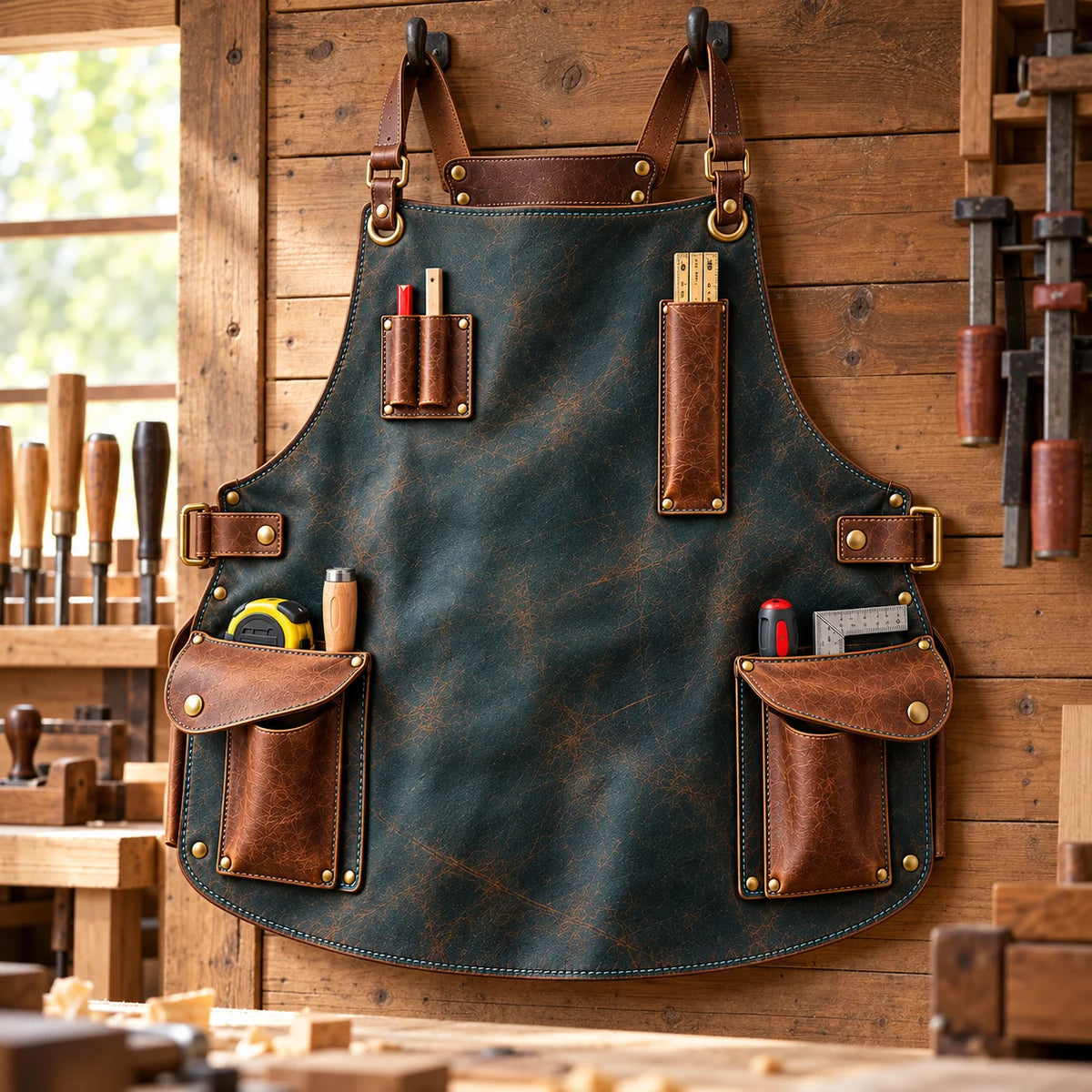 Studio Wing cowhide apron hanging on a wooden workshop wall, with distressed teal leather, brown utility pockets and tool holders visible.
