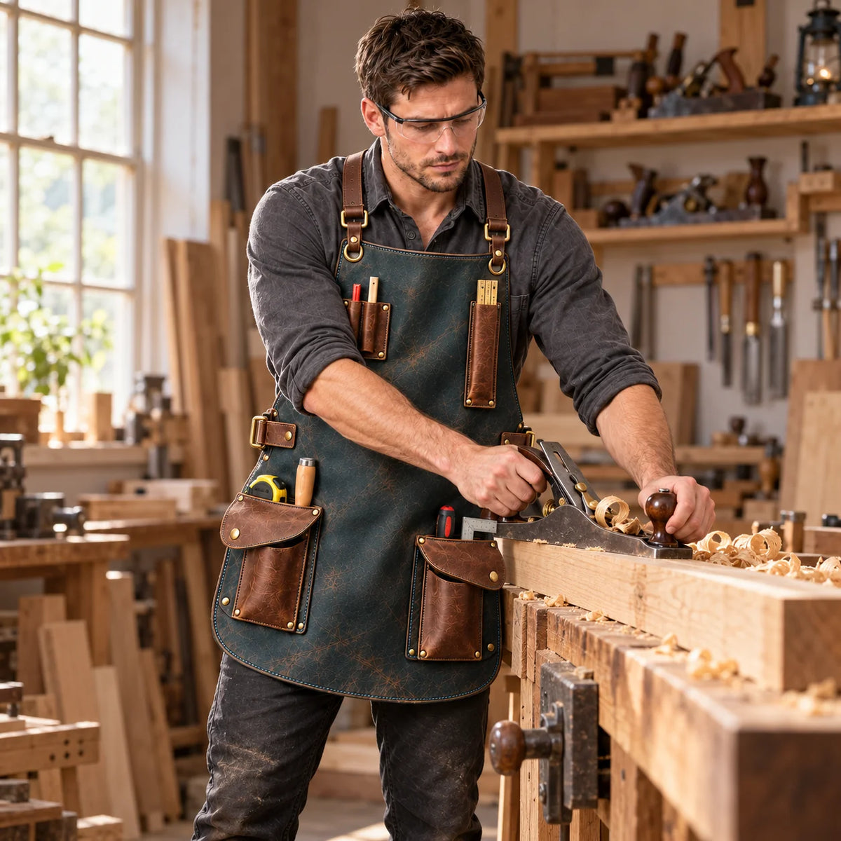 Woodworker wearing a slate teal leather workshop apron while using a hand plane on timber, with brown front tool pockets visible.
