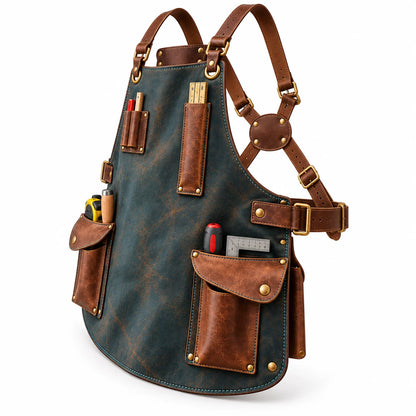 Three-quarter view of Studio Wing leather apron highlighting teal leather texture, brown flap pockets and adjustable cross-back harness.