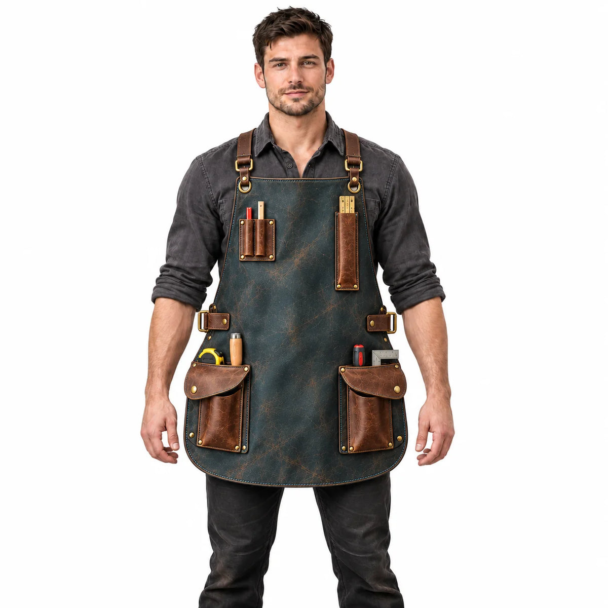 Male model wearing the slate teal cowhide woodworking apron with antique-brown pockets and adjustable straps against a white background.