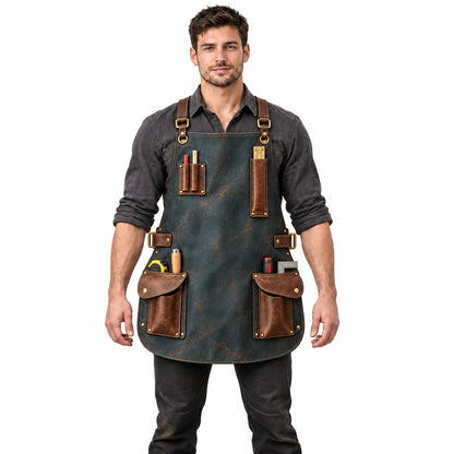 Male model wearing the slate teal cowhide woodworking apron with antique-brown pockets and adjustable straps against a white background.