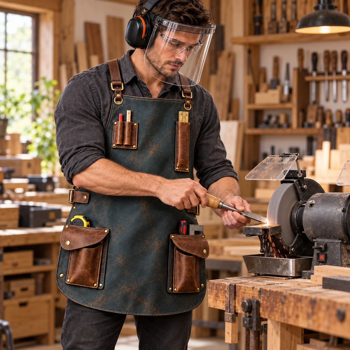 Woodworker wearing a slate teal leather apron and protective face shield while working at a bench grinder in a timber workshop.