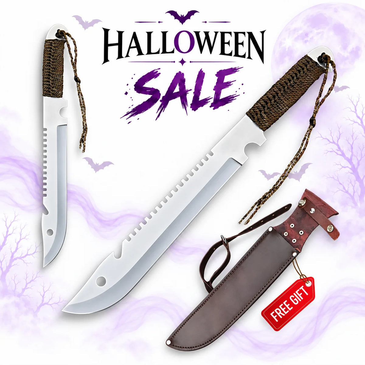 Supernatural Dean Winchester machete knife replica with long silver sawback blade, brown cord-wrapped handle, wrist lanyard and brown leather sheath in Halloween sale.