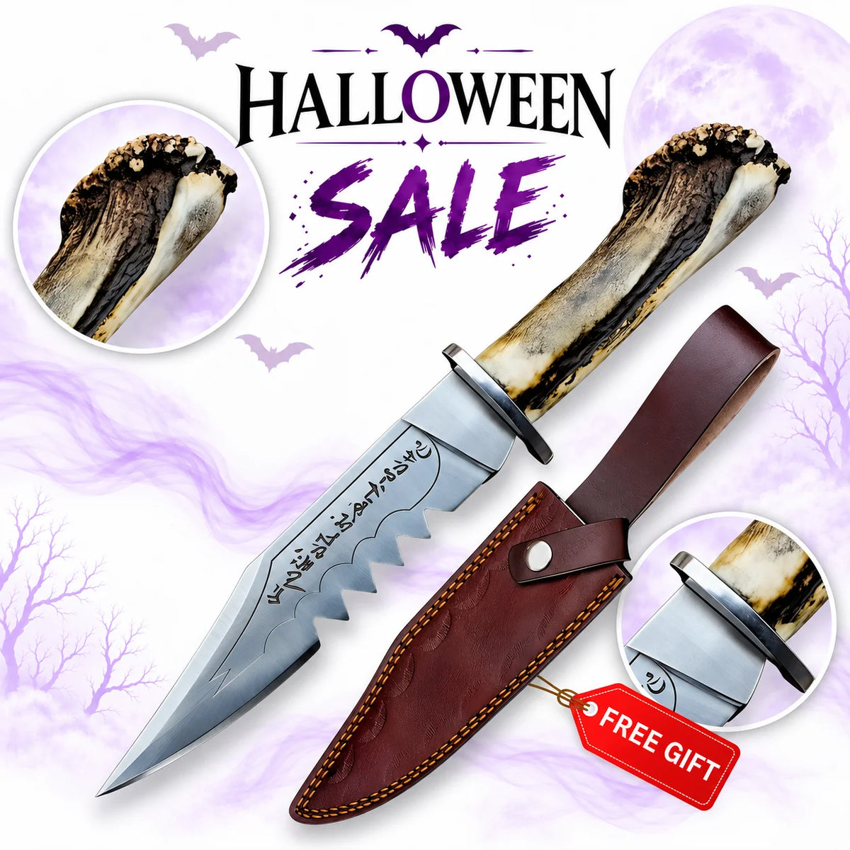 Supernatural Ruby Demon Hunter Knife replica with carved antler handle, engraved silver blade and brown leather sheath, featured in Europe Mark's Halloween sale.