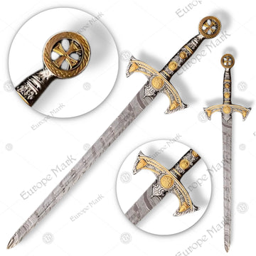 Premium Templar Knights Damascus Longsword Replica with Oak Plaque