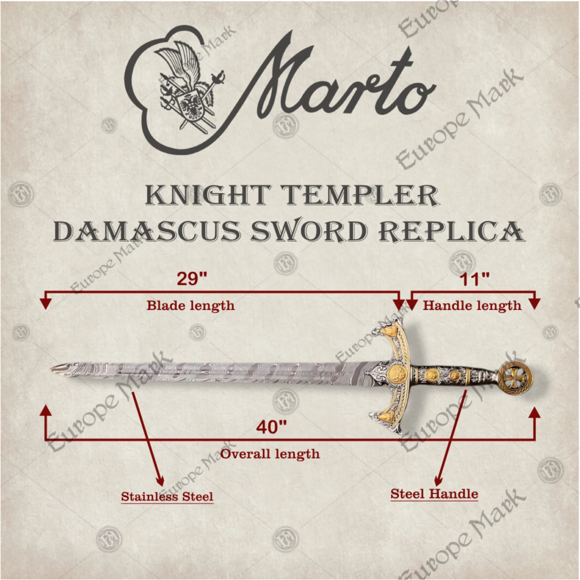 Premium Templar Knights Damascus Longsword Replica with Oak Plaque