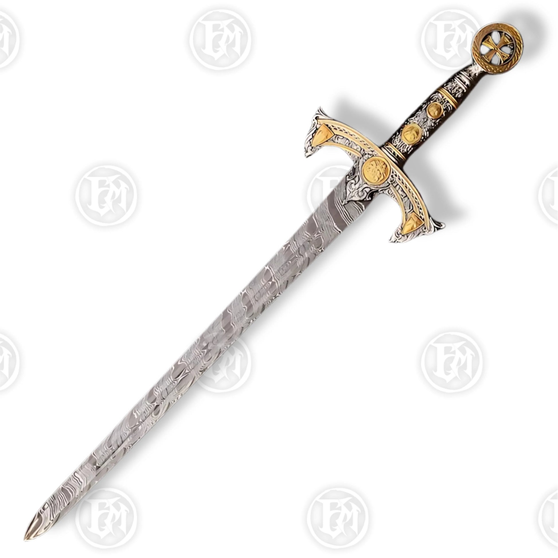 Premium Templar Knights Damascus Longsword Replica with Oak Plaque