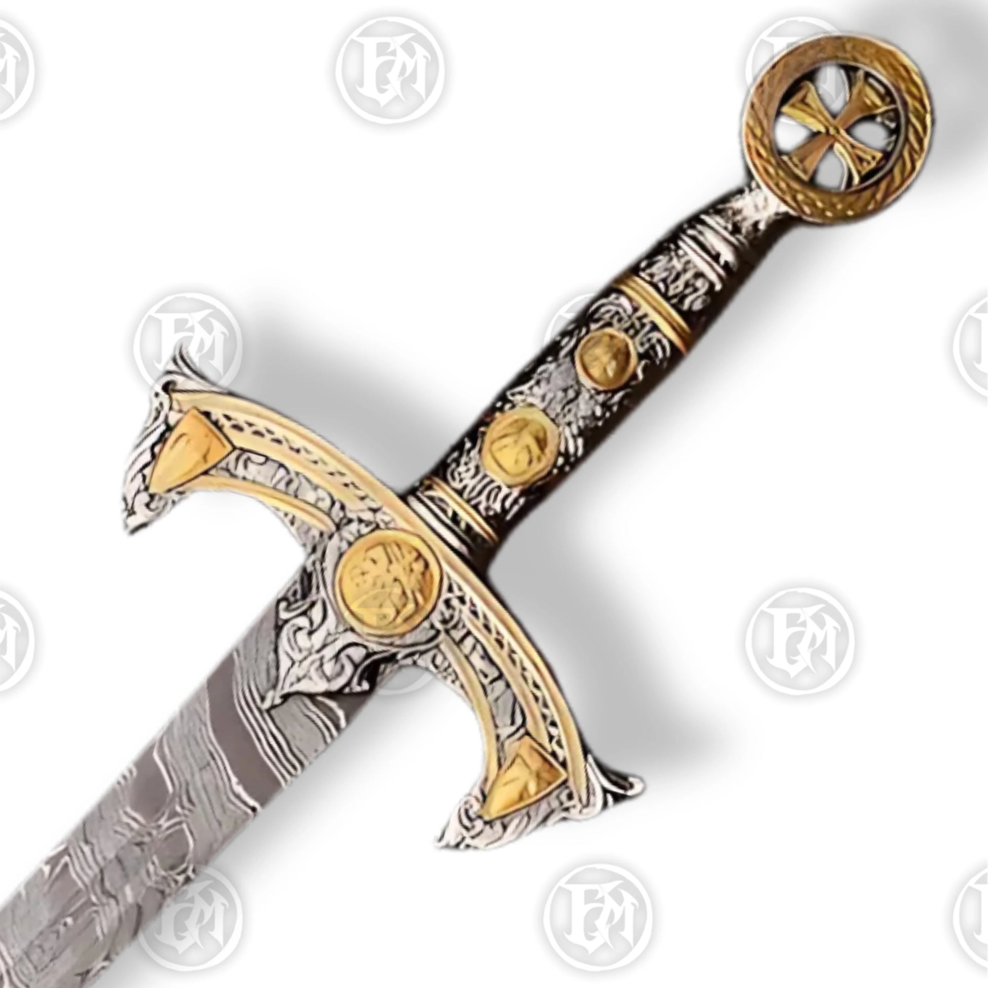 Premium Templar Knights Damascus Longsword Replica with Oak Plaque