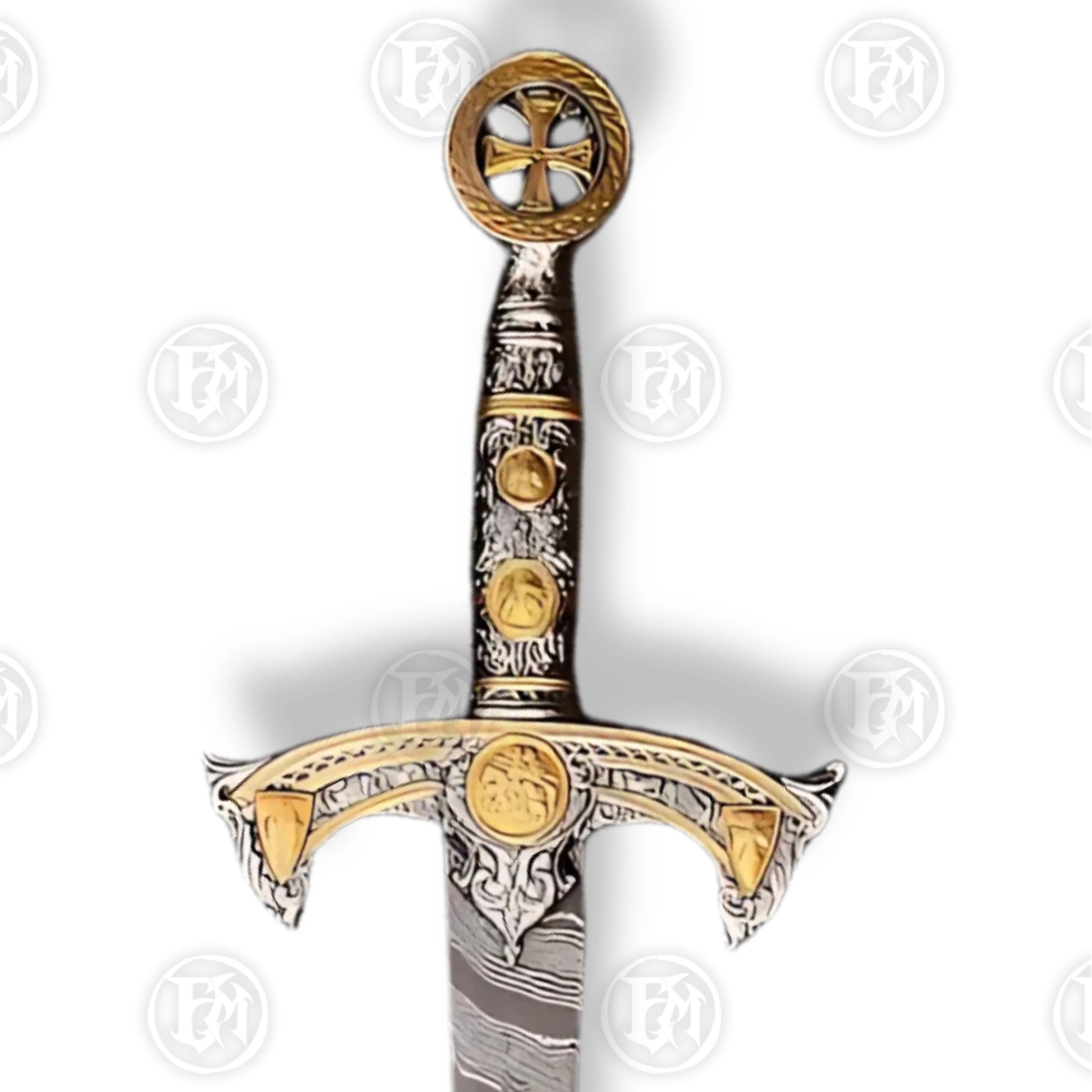 Premium Templar Knights Damascus Longsword Replica with Oak Plaque
