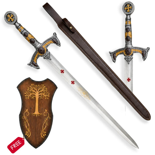 Templar Knights stainless steel sword replica with ornate silver and gold handle, brown leather scabbard and free decorative wall plaque