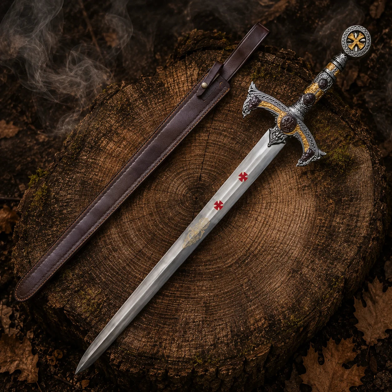 Templar Knights stainless steel sword and handcrafted brown leather scabbard displayed on a tree stump with subtle smoke