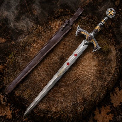 Templar Knights stainless steel sword and handcrafted brown leather scabbard displayed on a tree stump with subtle smoke
