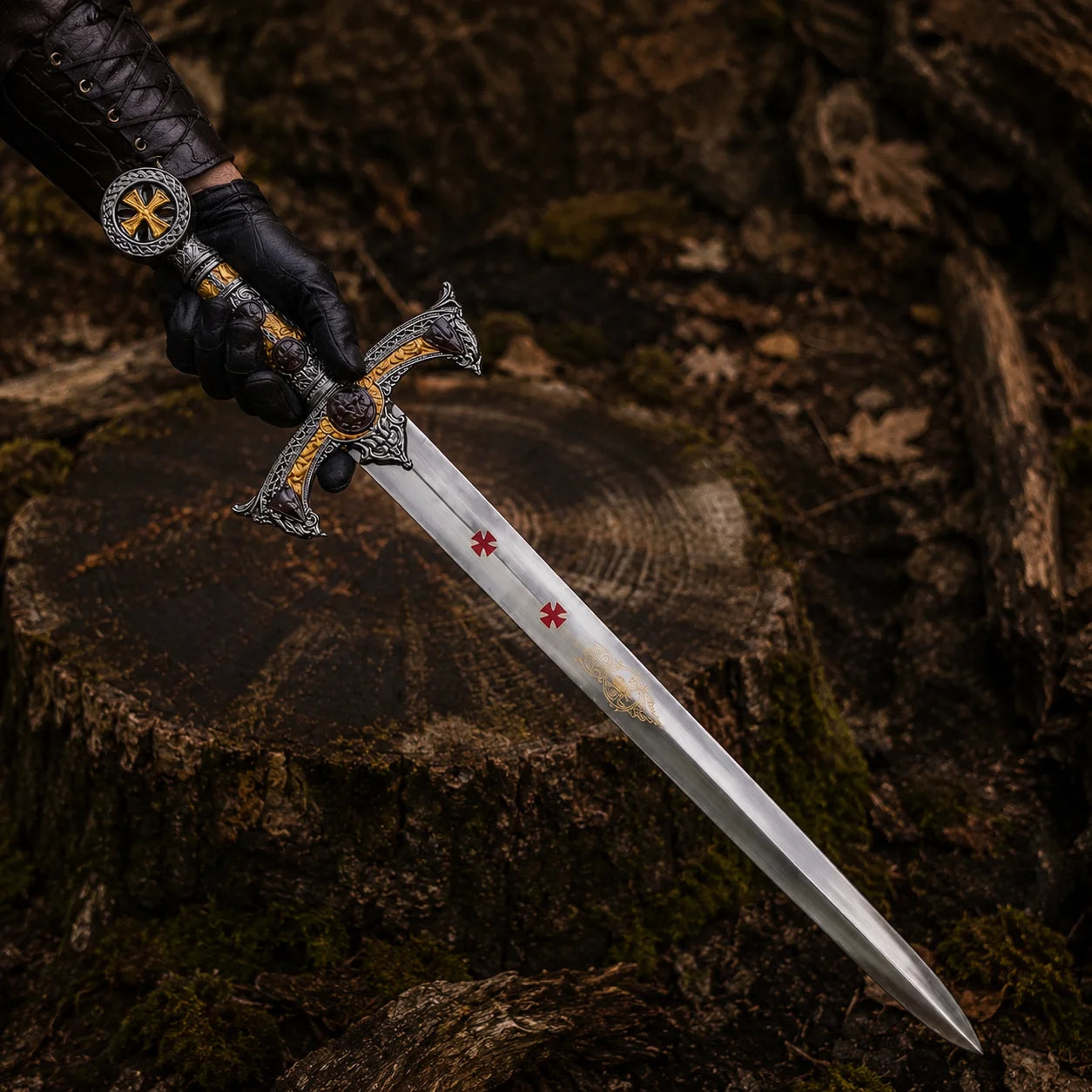 Black-gloved hand presenting the Templar Knights sword replica with red cross details and engraved silver blade in a woodland setting