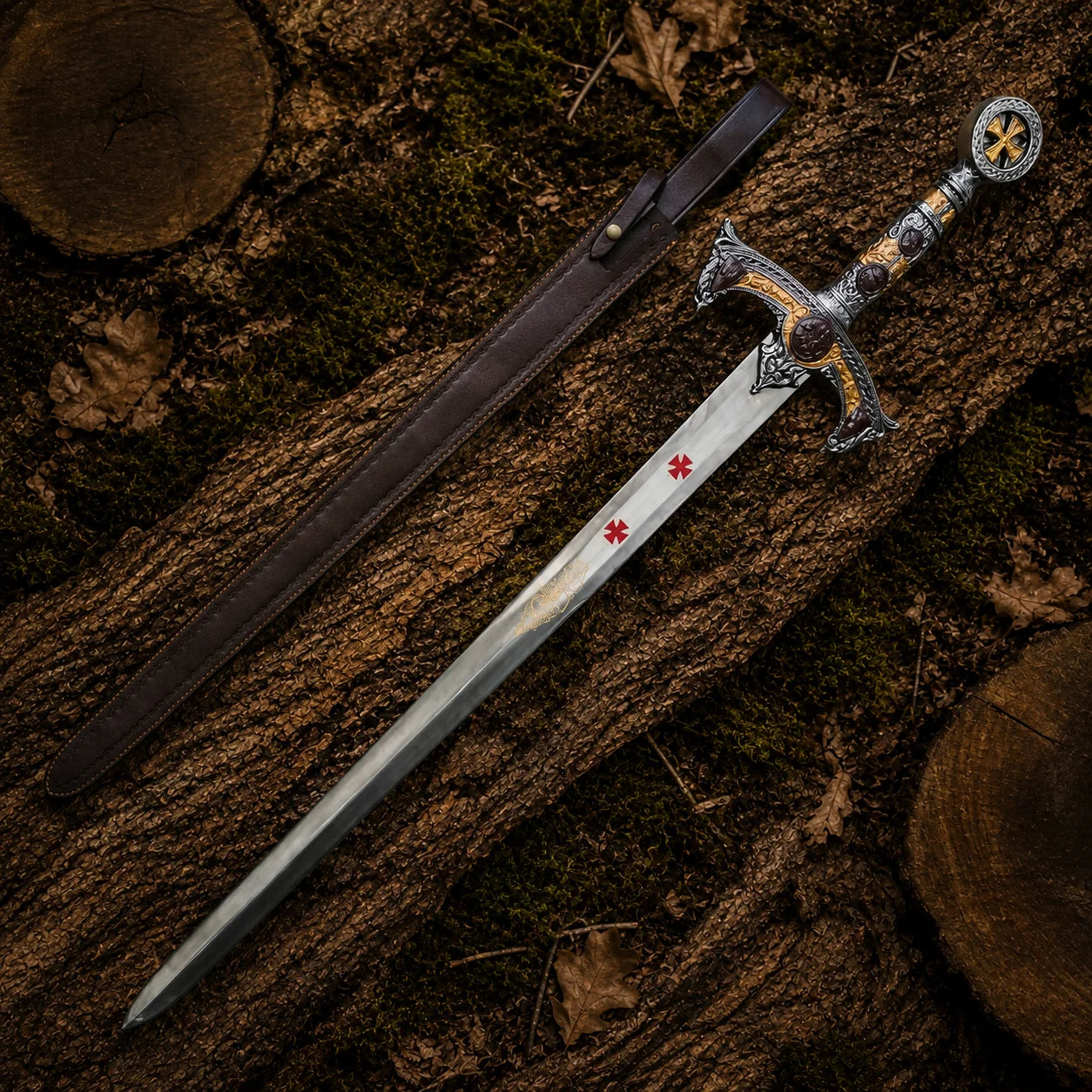 Templar Knights sword replica with brown leather scabbard arranged on moss-covered woodland logs and dry leaves