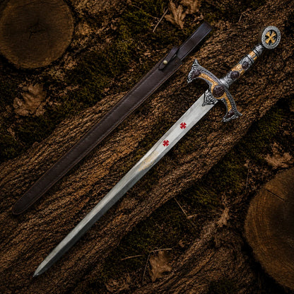 Templar Knights sword replica with brown leather scabbard arranged on moss-covered woodland logs and dry leaves