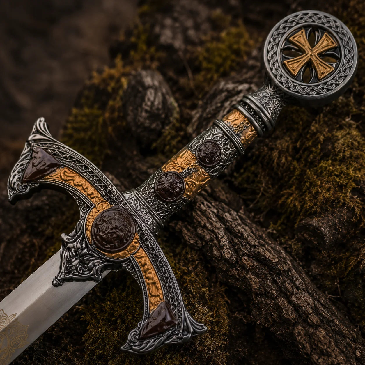 Close-up of the Templar Knights sword handle featuring detailed silver and gold metalwork, decorative medallions and cross pommel