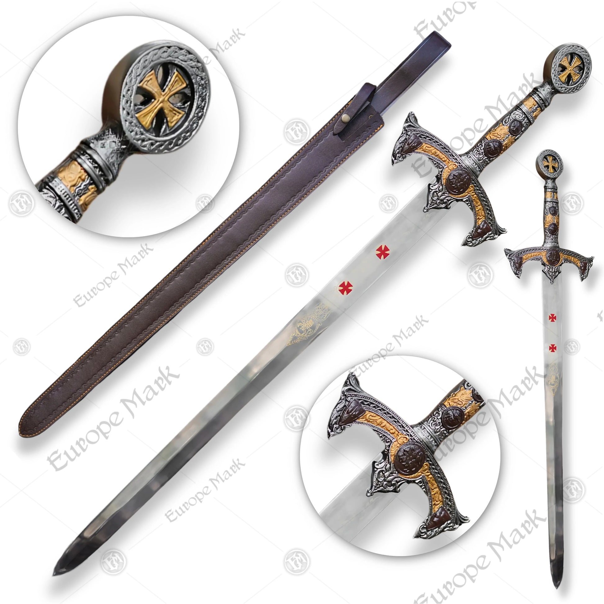Premium Templar Knights Stainless Steel Sword Replica with Hardwood Plaque