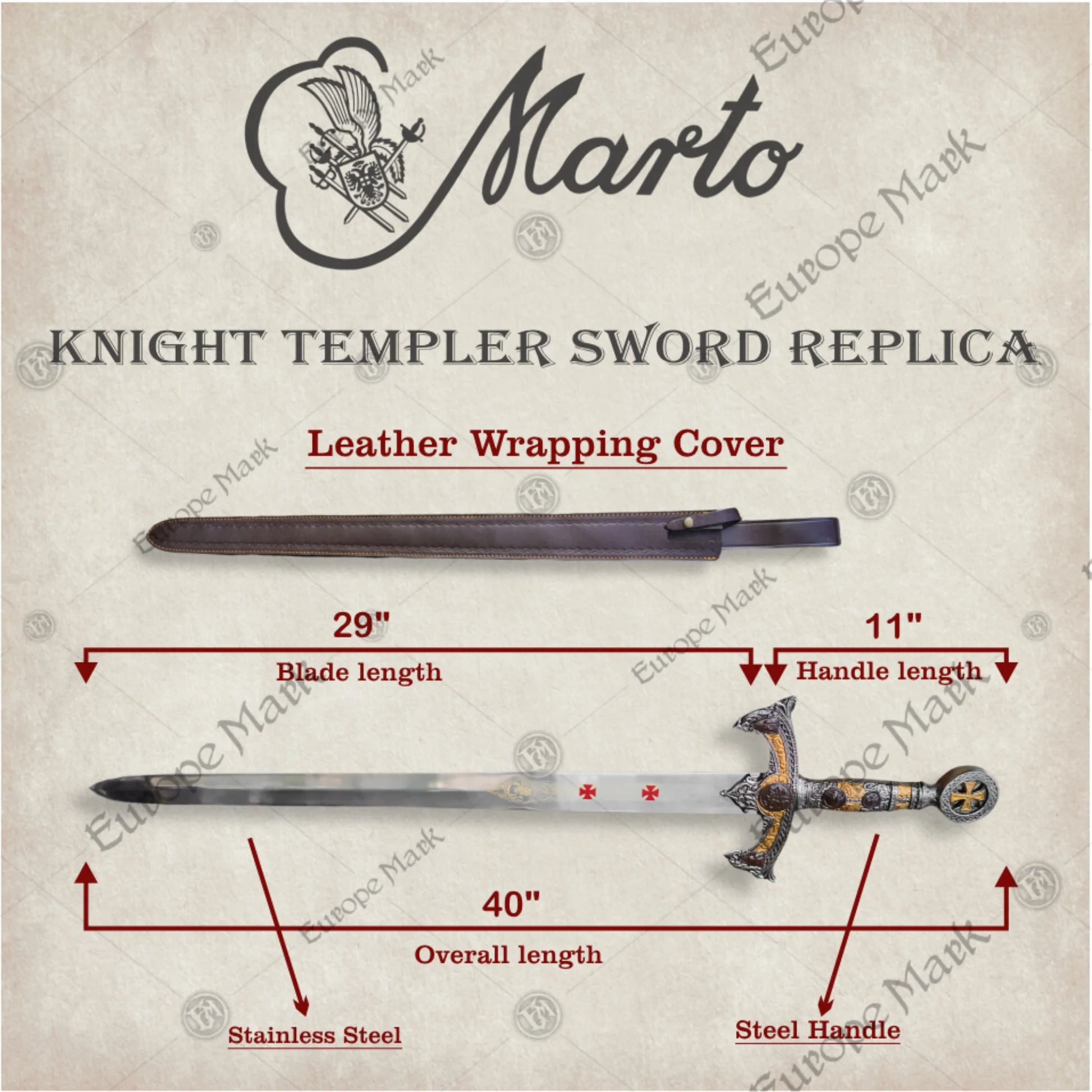 Premium Templar Knights Stainless Steel Sword Replica with Hardwood Plaque