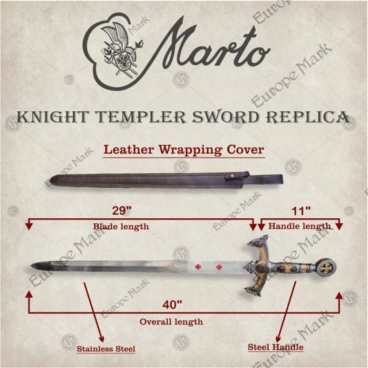 Premium Templar Knights Stainless Steel Sword Replica with Hardwood Plaque