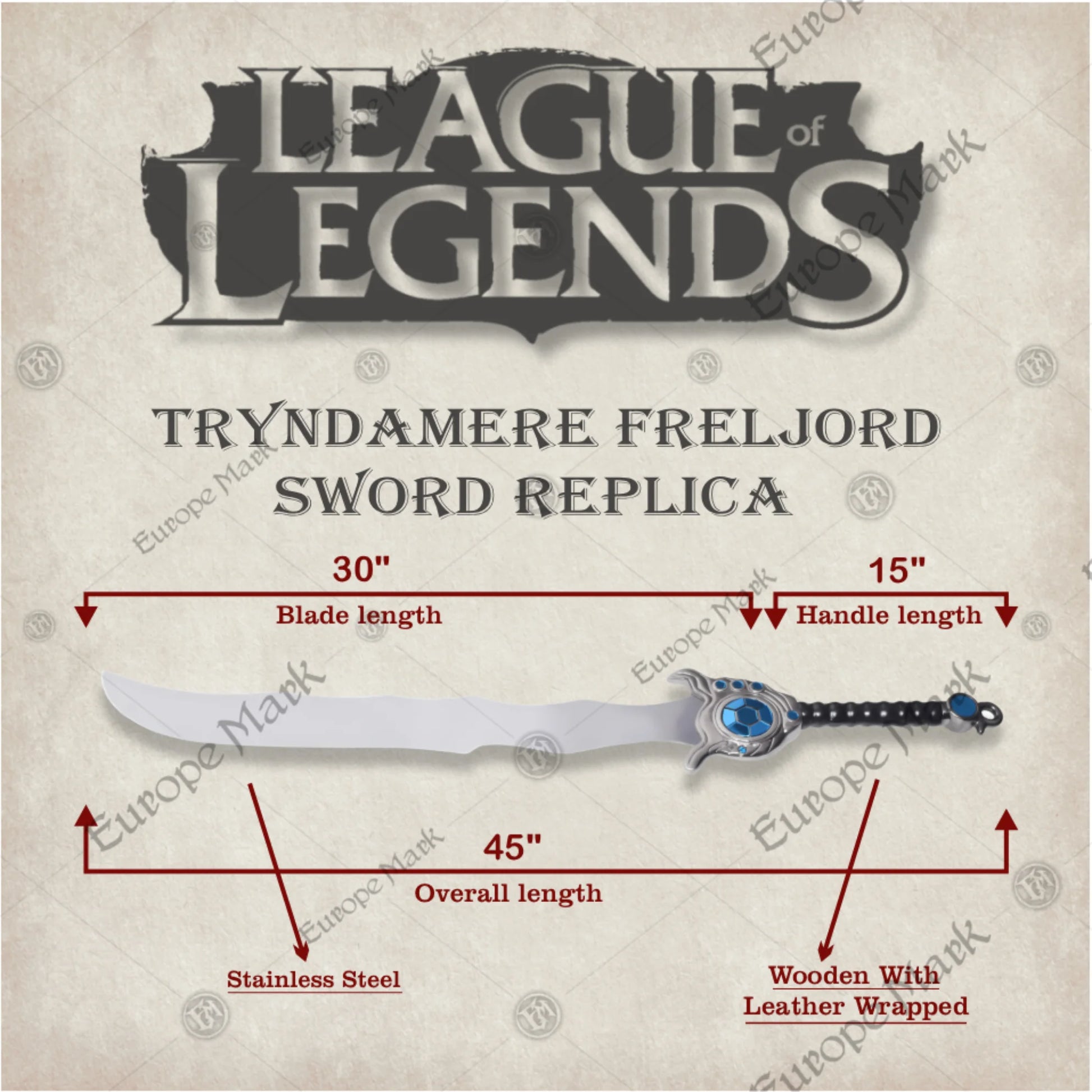 Premium Tryndamere Freljord League of Legends Sword Replica with stainless steel blade.