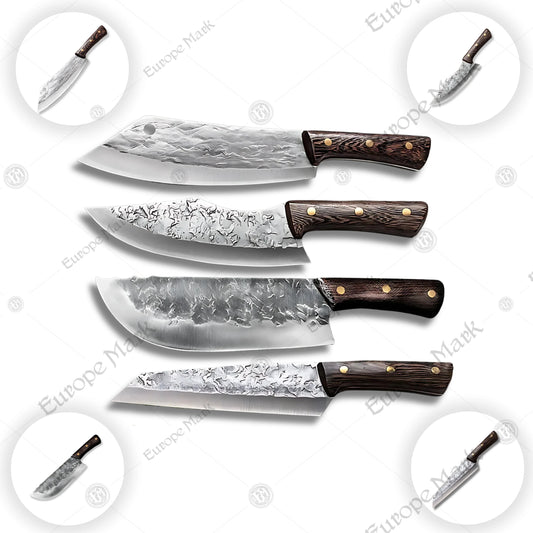Premium Viking Carbon Steel Chef Knife Set with Ash Wood Block