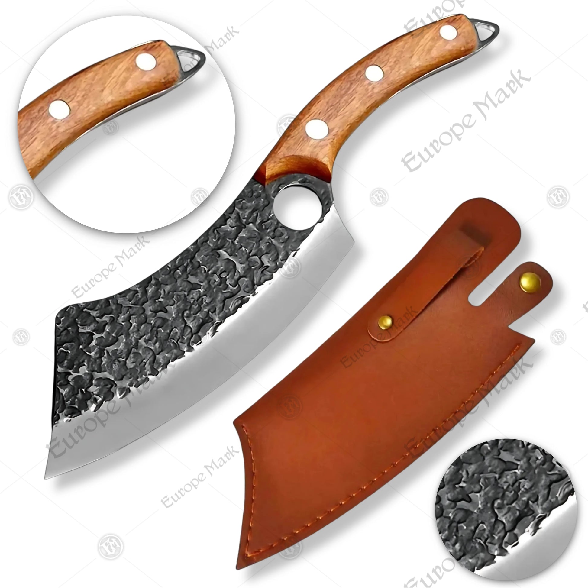 Premium Viking Forged Damascus Boning Cleaver with Rosewood Stand