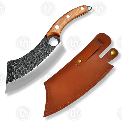 Premium Viking Forged Damascus Boning Cleaver with Rosewood Stand